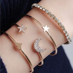 Elegant Gold and Silver Star and Moon Bracelet Set